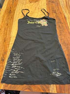 Vintage Juicy Couture Black Graphic Cami Mini Dress with Script & floral small